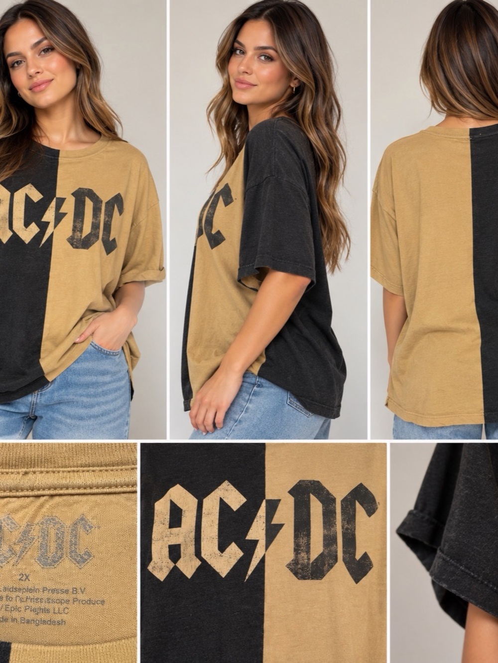 AC/DC Split Color Graphic T-Shirt Black Tan Size 2X Oversized Rock Band Tee